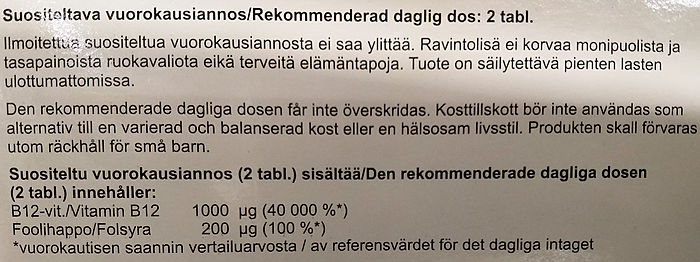B12-lisäravinteen annosohje