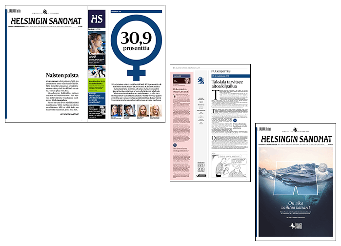 Helsingin Sanomien naisten päivän lehtisivuja vuosilta 2018-2020