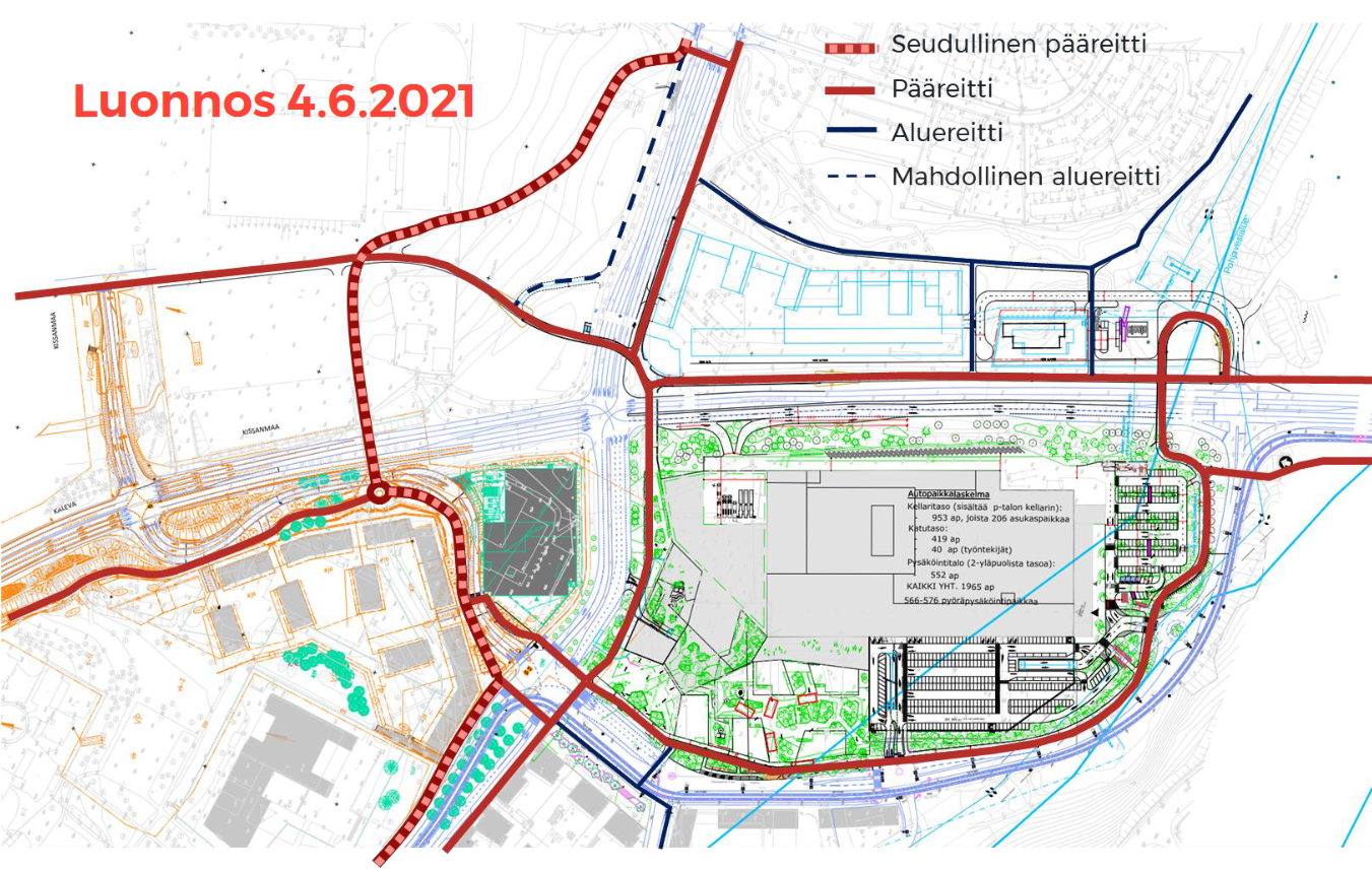 Luonnos Kalevan ja Hakametsän alueen jalankulku- ja pyöräliikenteen järjestelyistä.