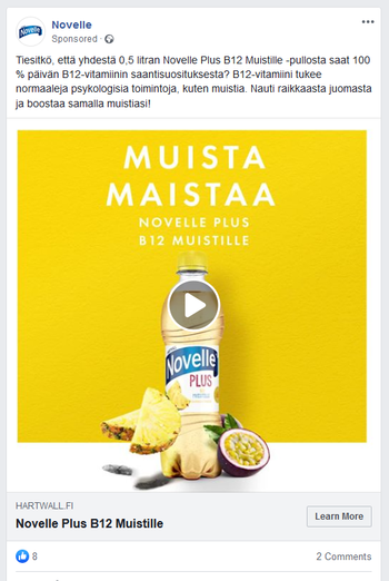 Novelle B12 -veden mainos Facebookissa