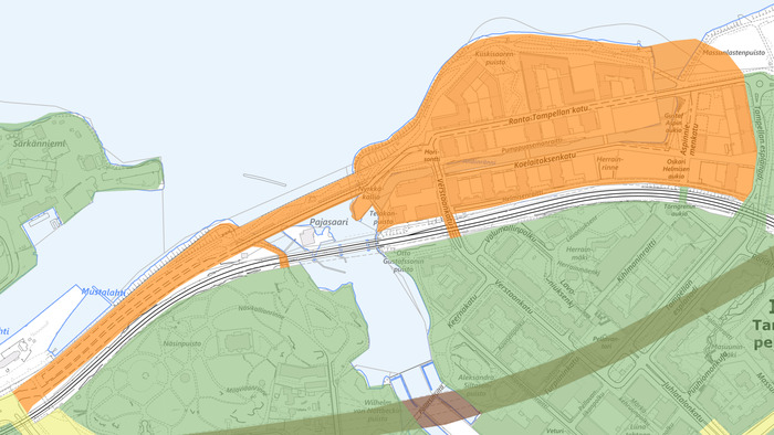 Kartta Tampereen keskustan pohjoisosasta, jossa Ranta-Tampella ja Näsinsilta on merkitty oranssilla värillä 20 km/h nopeusrajoitusalueeksi.